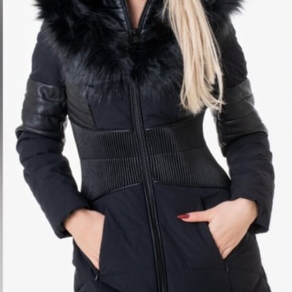 NWT Guess Women's Long Puffer Jacket for Winter with Hood Black - Picture 3 of 9